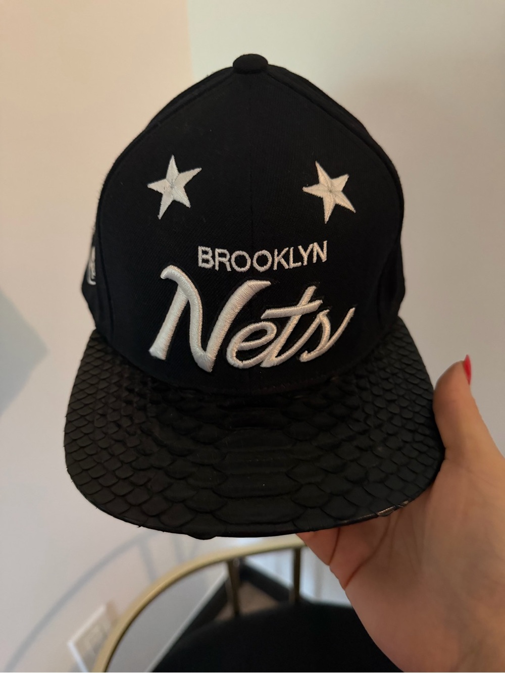 Brooklyn Nets Black Snapback Hat with Faux Croc Brim